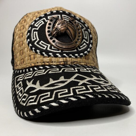 Straw Front Farmer Baseball Hat Cap 3D Horse Emblem Horseshoe Mesh Embroidered - Picture 1 of 9